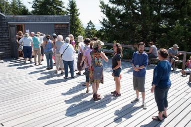 Twenty people standing in line on a deck in the sunshine.